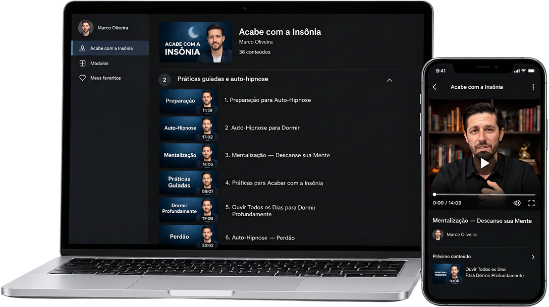 Plataforma do curso Acabe com a Insônia aberta no computador e no celular, com as aulas e práticas guiadas