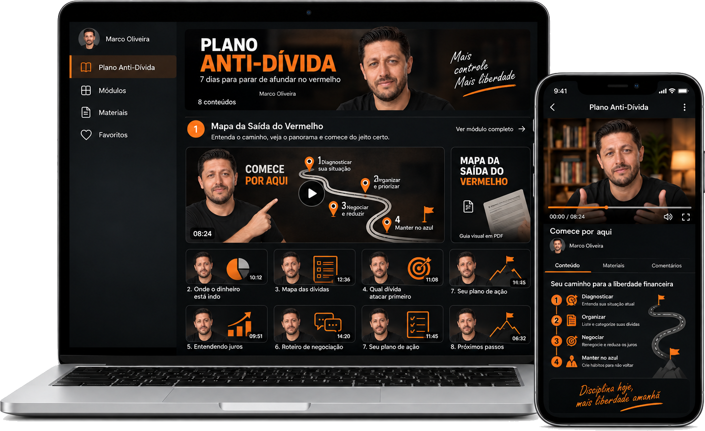 Área de membros do Plano Anti-Dívida, de Marco Oliveira, exibida em um notebook e um celular.