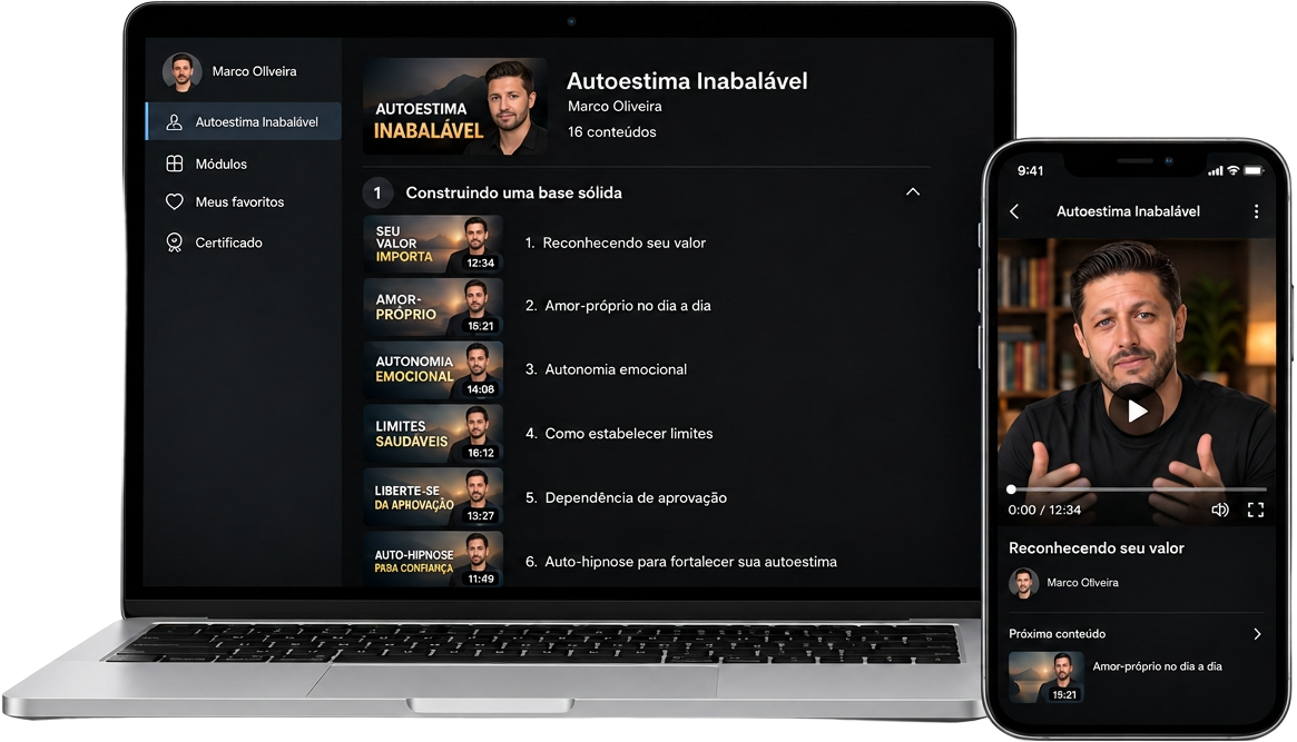 Curso Autoestima Inabalável, de Marco Oliveira, exibido em um notebook e um celular.